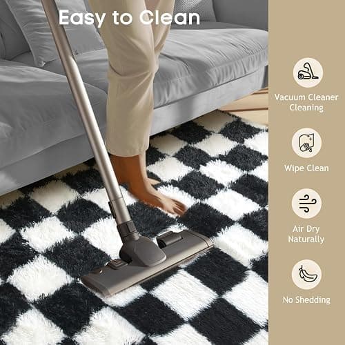 Ophanie Checkered Black & White Rug for Living Room Bedroom, Fluffy Soft Cute Fuzzy Area Rugs, Shag Plush Shaggy Bedside Floor 4x6 Furry Carpet for Kids Baby Teen Dorm Nursery Home Decor Aesthetic thumbnail 6