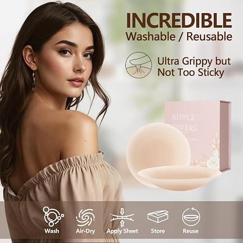 SUFUJIA Not Sticky Pasties Nipple Covers, Grippy Seamless Covers, Reusable Silicone No-Show Inserts with Travel Box thumbnail 2