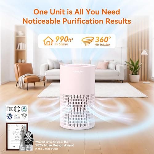 AIRROMI Air Purifier for Bedroom with HEPA 3-in-1 Filter, Pet Air Purifier for Home Cat Pee Smell, Covers Upto 990 Ft², Quiet 360° intake Air Cleaner for pet hair,allergies,Dust,Smoke A2001 Pink thumbnail 2