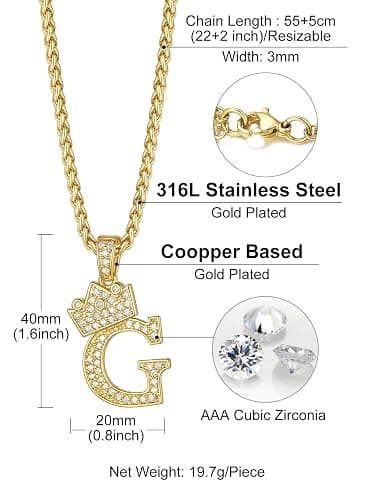 Richsteel Initial A-Z Letter Pendant Necklace for Men Women | 14K Gold Plated Crown Cubic Zirconia Monogram,316L Stainless Steel Chain,Hypoallergenic, 22" + 2" Extender,Gift Box thumbnail 5