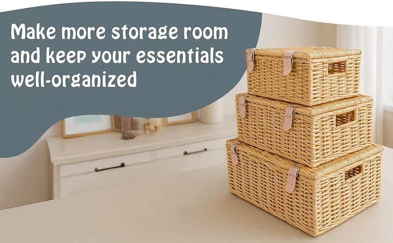 Wicker Storage Baskets with Lids – Set of 3 (Large, Medium, Small) for Organizing Clothes, Toys, Books – Cute Organizer Stackable Basket with Lid for Bedroom, Nursery, and Home Decor thumbnail 9
