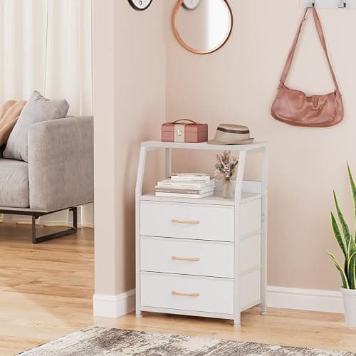 Furnulem White Nightstand with 3 Drawers and 2-Tier Shelf, Small Night Stand End Table Side Furniture, Fabric Storage Organizer for Bedroom, Closet, Hallway, Nursery, Sturdy Steel Frame, Wood Top - White - 3 Drawers thumbnail 2