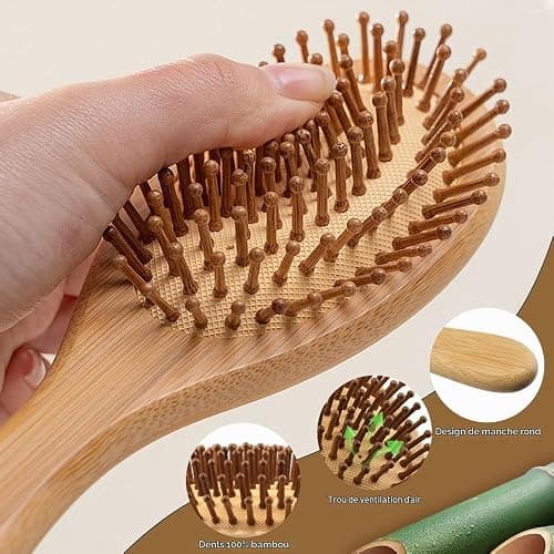 Brosse bambou cheveux,brosse cheveux bois,antistatique, pour hommes, femmes et enfants, pour cheveux longs et épais et pour cheveux lisses et bouclés, design anti-frisottis(rond) thumbnail 3