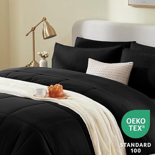 CozyLux King Size Comforter Set Black, 7 Pieces Bed in a Bag, Black Comforter King Size, All Season Bedding Sets with Stitch Quilted Comforter, Flat Sheet, Fitted Sheet, Pillowcases thumbnail 4