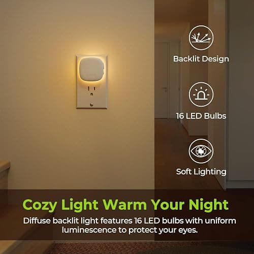 AUVON Plug-in LED Backlit Night Light with Motion Sensor & Dusk to Dawn Sensor, 2700K Soft Warm White Nightlight with 1-50lm Dimmable Brightness for Adults & Kids' Bedroom, Bathroom, Hallway (4 Packs) thumbnail 2