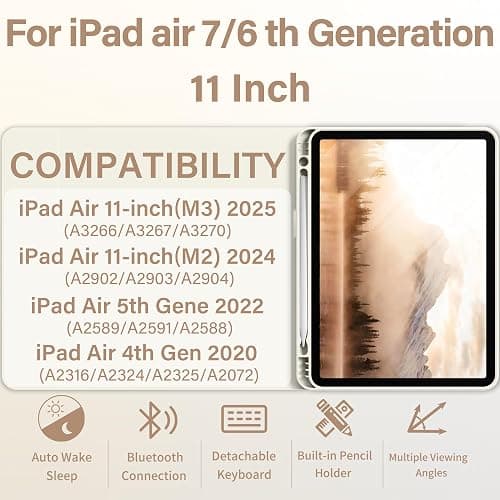 BQDIYOO Case for iPad Air 7th/6th 11-inch M3/M2 (2025/2024) & 10.9 inch Air 5th 4th Gen with Keyboard 2022 2020, Detachable Wireless Keyboard Cover with Pencil Holder, Auto Sleep/Wake, Cream White thumbnail 2