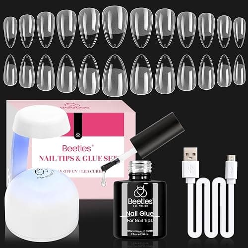 Beetles Gel Nail Kit Amond Shape - 504Pcs Gel Nail Kit Easy Nail Extension Set Etch X Nail Tips Short Medium Almond Half Matte Nail Tips 9 in 1 Nail Glue Uv Led Nail Gift for Women - Image 1