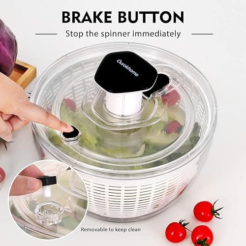 Ourokhome Salad Spinner Lettuce Dryer, One-handed Easy Press Large Vegetable Dryer Salad Mixer with Comfortable and Retractable Pusher and Brake Button for Greens, Herb, Berry, Fruits, 6.3 QT, Black thumbnail 4