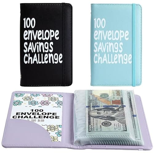 2Pcs 100 Envelopes Money Saving Challenge, Motivational Savings Challenge Binder, Durable Cash Organizer with Inspiring Quotes, Savings Challenges Book to Plan and Save $5,050(Black+blue) - Image 1