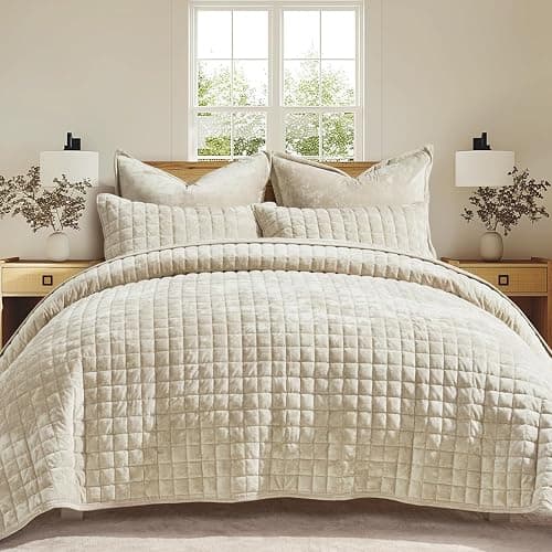 RECYCO Luxury Velvet Quilt Set, California King 118'' x 106'' Oversized Bedspread, Ultra Soft Velvet Comforter, Lightweight Box Stitch Bedding Sets for All Season, with 2 Shams, Beige - Image 1