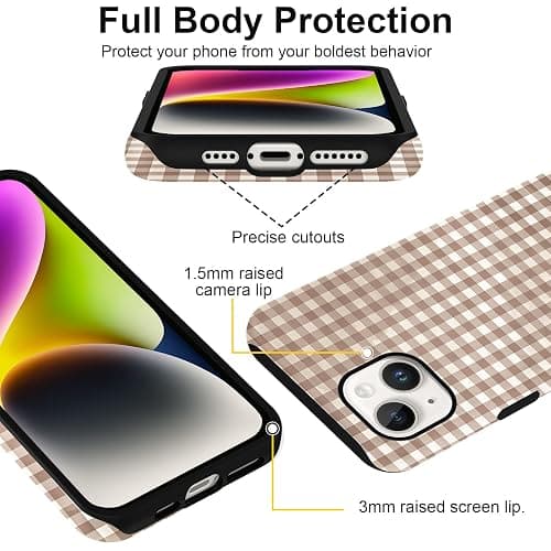 Cinysnt Cute Brown Checkered Phone Case for iPhone 14 / iPhone 13 Case 6.1", Aesthetic Trendy Gingham Grid Pattern 2-in-1 Matte Cover Shockproof Slim Soft TPU Hard PC Protection Girls Women Funda thumbnail 3