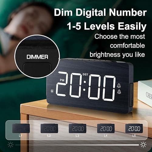 LICHI Wooden Digital Alarm Clock for Bedrooms， Loud Alarm for Heavy Sleepers, Dual Use as Desk/Wall Clock, Adjustable Volume, Dimmer, DST - Wood Decor & Gifts thumbnail 4