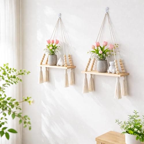 Artilady 2 Pack Wooden Wall Hanging Shelves - Macrame Hanging Plant Shelf with Tassel,Boho Storage Floating Shelves Handmade Rustic Hanger Planter Rack Pot Stand Holder thumbnail 5