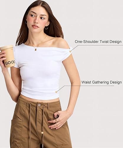 Curvphilo Women Summer Off Shoulder Tops Y2K Going Out T Shirts Double Lined Crop Top Fashion Clothes Trendy Outfits thumbnail 5
