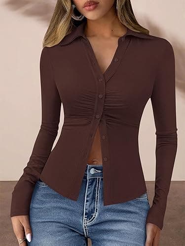 PRETTYGARDEN Womens Button Down Shirts V Neck Collared Ruched Slim Fit Long Sleeve Shirt Casual Fall Fashion Ladies Tops thumbnail 6