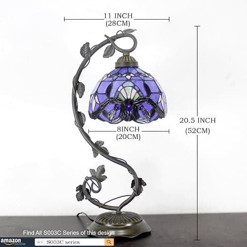 WERFACTORY Tiffany Table Lamp Blue Purple Stained Glass Baroque Style Reading Desk Light, Metal Leaf Base 8X10X21 Inches Decor Small Space Bedside Bedroom Home Office S003C Series thumbnail 7