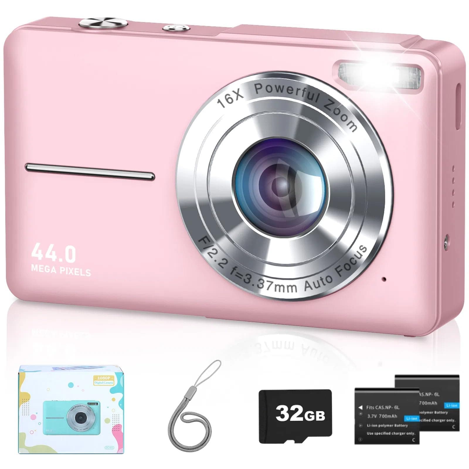 Digital Camera, Camkory FHD 1080P Point and Shoot Digital Camera 44MP Kids Camera 16X Digital Zoom, Anti Shake Small Travel Camera with 32GB SD Card, Two Batteries, Light Pink