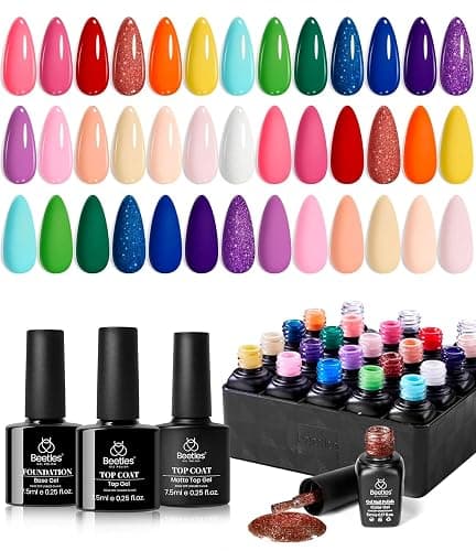 beetles Gel Polish Set, 23pcs Rainbow Gel Nail Polish Pink Orange Green Red Glitter Color with Base Glossy and Matte Top Coat Manicure Kit Shoujo Manga Soak Off Uv Led Gifts for Women - Image 1