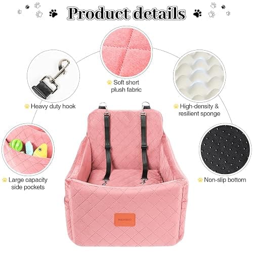 INDYBUD Dog Car Seats for Small Medium Dogs, Portable Detachable Washable Puppy Car Seat for Dog Up to 35lbs, Pet Booster Seat with Storage Pockets and Safety Belt (Pink, Medium) thumbnail 3