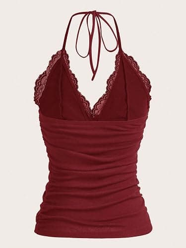 MakeMeChic Women's Halter Top Y2K Lace V Neck Ruched Low Cut Halter Tank Tops Camisole Tops thumbnail 2