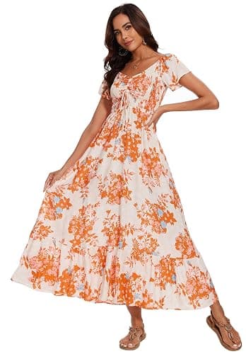 Women's Summer Floral Maxi Dress Casual Short Sleeve Flowy Boho Beach Party Long Dress thumbnail 3
