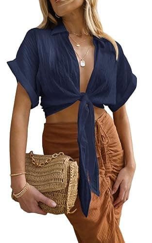 Ezbelle Women's Summer Crop Top Short Sleeve Deep V Neck Sexy Front Tie Casual Blouses Basic Shirt thumbnail 2