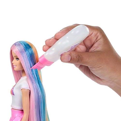 Barbie Rainbow Sparkle Hair Doll, Extra-Long and Colorful Hair with 12 Styling Accessories like Glitter Tube, Brush, Clips, Hair Dryer and More, JJP07 thumbnail 3