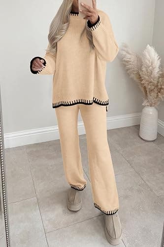 PRETTYGARDEN Women's 2 Piece Knit Sweater Outfit Casual Long Sleeve Pullover Wide Leg Pants Tracksuit Loungewear Set thumbnail 4