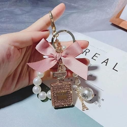 KASTANNY Elegant Pink Bow Keychain Set with Perfume Style Pendant, Luxury Perfume Bottle Shaped Pearl Keychain, car accessories for women or Bow Handbag Charms thumbnail 4