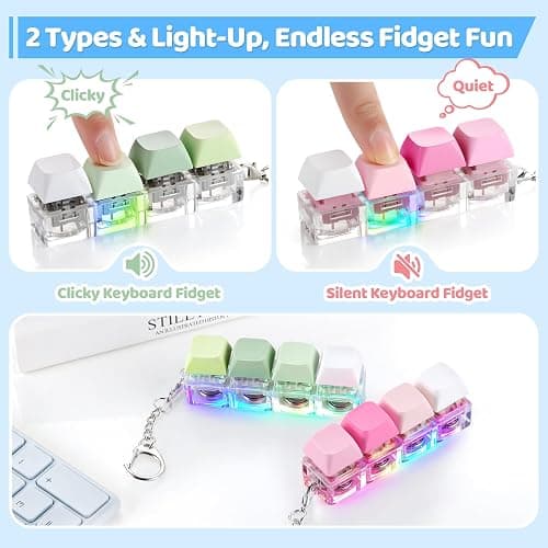 2 Pack Keyboard Fidget Toy Light Up – Clicky & Silent Keyboard Clicker Fidget Keychain – Quiet Fidget Toys for Adults, Sensory Toy for Boost Focus & Calm Anxiety at Work, Travel – Stress Relief Gifts thumbnail 2