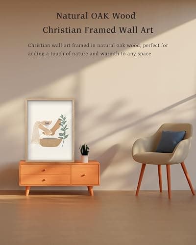 KensTro 12x16 Oak Framed Jesus Washing Feet Boho Christian Wall Art | Natural Oak Wood Frame with Minimalist Foot-Washing Scene, Neutral Faith Decor for Living Room, Bedroom or Prayer Space thumbnail 2