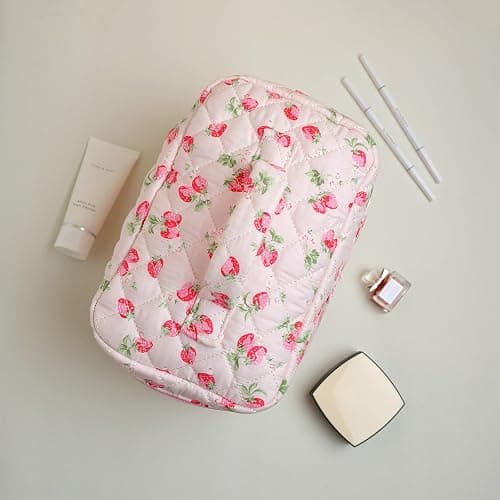 MIROSIE Handmade Makeup Bag, Zipped Skincare Organizer,Strawberry Travel Cosmetic Bag,Large Capacity Beauty Purse for Women Girls, Pink thumbnail 3