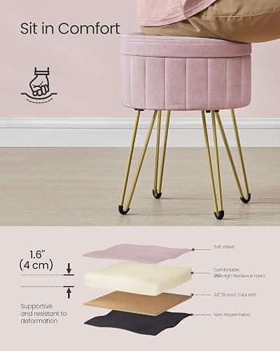 SONGMICS Vanity Stool Chair, Small Ottoman Stool with Storage, Velvet Makeup Stool, 15.4 Dia. x 17.5 H Inches, Jelly Pink ULOM003R01 thumbnail 4