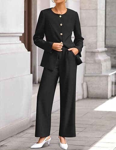 ZESICA Women's 2025 Fall Two Piece Suits Set Casual Business Long Sleeve Blazer Jacket Wide Leg Pants Work Outfits Sets thumbnail 5
