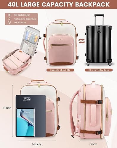 LOVEVOOK Large Travel Backpack for Women & Men, 40L Carry on Backpack for Airplanes, TSA Personal Item Travel Bag fits 17" Laptop, Waterproof Travel Essentials Airline Approved with 3 Packing Cubes thumbnail 2