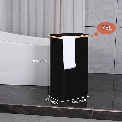 efluky Slim Laundry Basket with Lid, Narrow Laundry Hamper with Removable Bag, Skinny Dirty Clothes Basket with Bamboo Handles for Bathroom, Bedroom & Laundry Room, 75L Black thumbnail 3