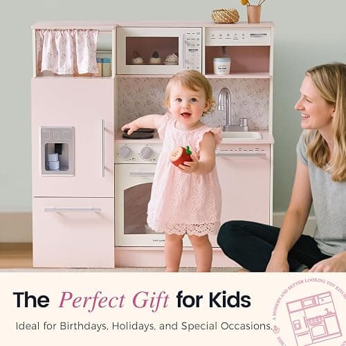 Tiny Land Play Kitchen for Kids, Upgraded Wooden Kitchen Toy with Complete Play Areas, Pretend Cooking Set with Sink, Stove, Microwave, Toy Coffee Station & Storage for Kids Ages 3+ thumbnail 6
