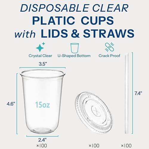 Homestockplus 15 oz Clear PET Plastic Cups with Lids and Straws - 100 Pack Leak-Proof Disposable Plastic Coffee Cups Iced Coffee Cups for Smoothies, Bubble Tea & To-Go Cold Drinks thumbnail 2