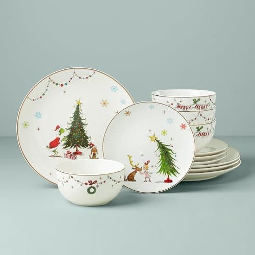 Lenox 895051 Merry Grinchmas 12-Piece Dinnerware Set, Green, 12 Count, Christmas, Holiday Hosting thumbnail 3
