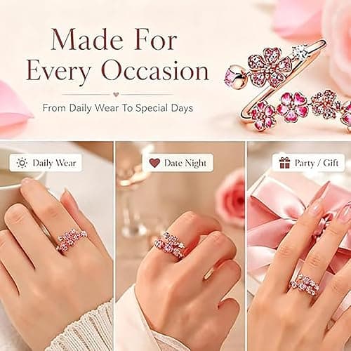 GUUZETU Pfirsichblüten-Ring, verstellbarer, rosévergoldeter rosa Kirschblüten-Blumenring, Blumenkristall- und Edelsteinschmuck, leichter, zierlicher Ring mit offenem Band, Geschenk für Hochzeit thumbnail 6