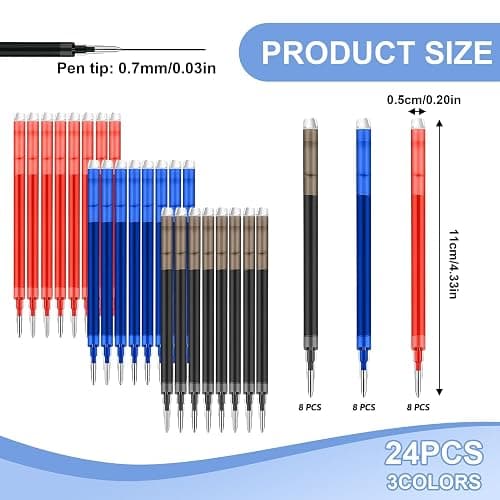 24Pack Erasable Gel Ink Pen Refills 0.7 mm Compatible with FriXion Friction | 8 Blue 8 Black 8 Red, Multicolor Medium Fine Point Refills for Erasable Pens Smooth Writing Fast Dry for School Office thumbnail 2