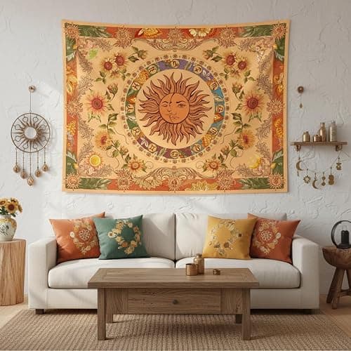 Accnicc Yellow Sun and Moon Tapestry Vintage Indie Boho Tapestry Wall Hanging with Sunflowers Butterfly Moth Constellation Aesthetic Wall Tapestries for Bedroom Dorm Living Room (Orange, 48'' × 36'') thumbnail 2