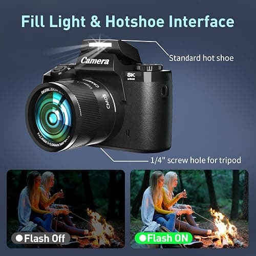 8K Digital Camera for Photography, WiFi & 4" Touch Screen Vlogging Camera for YouTube with Dual-Lens, 64MP Vlog Cameras 16X Digital Zoom with 32GB TF Card, 3000mAh Battery, Lens Hood, Black thumbnail 7