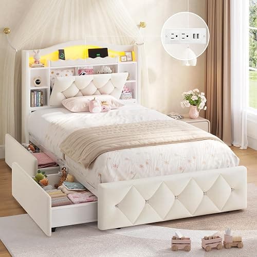 DICTAC Twin Size Bed Frame for Kids with Storage Drawers, Bookcase Headboard, LED Lights and Power Outlets, Diamond Tufted Velvet Upholstered Princess Platform Bed, Heavy-Duty Metal Support, Beige - Image 1