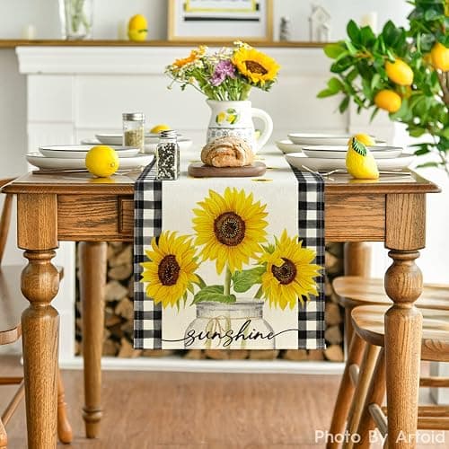 Artoid Mode Buffalo Plaid Sunflower Sunshine Vase Summer Table Runner, Spring Kitchen Dining Table Decoration for Home Party Decor 13x108 Inch thumbnail 2