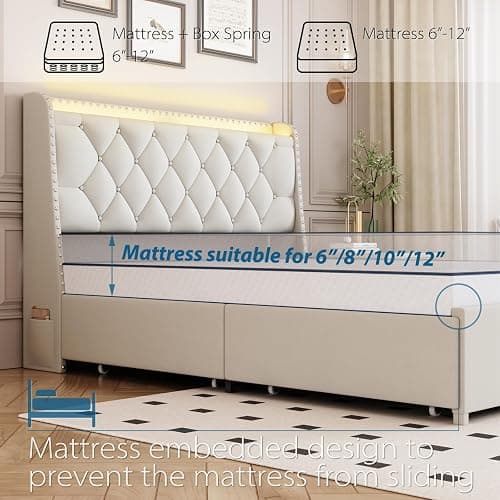 Queen Size Bed Frame with 4 Drawers and Storage Headboard, Upholstered Button Tufted Platform Bed Queen with Led Lights and Charging Station, No Box Spring Needed, Easy Assembly, Noise Free, Beige thumbnail 6