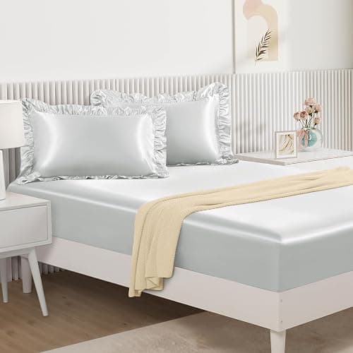 Homiest 2-Pieces Ruffle Pillow Case & Satin Fitted Sheet Set, Light Grey Twin Satin Sheets with Ruffled Pillow Shams, 15 Inch Deep Pocket, Cute & Coquette Silk-Like Bed Set for Decorating Bedroom thumbnail 3