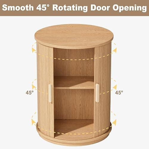 INNOD Side Table with Storage for Living Room, Round End Table with Sliding Tambour Door, Wood Night Stand Nightstand Bedside Table for Bedroom, Small Round Side Table, Mid Century Modern, Light Oak thumbnail 5