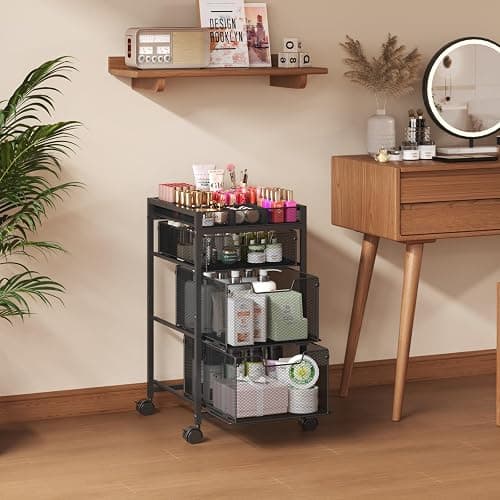 JKsmart Rolling Makeup Cart Organizer with 3 Drawers, Cosmetics Display with Dividers, Floor Skincare Storage with Wheels, Versatile Vanity Organizer for Nail Polish Perfume Brush Hair Tool, Black thumbnail 2