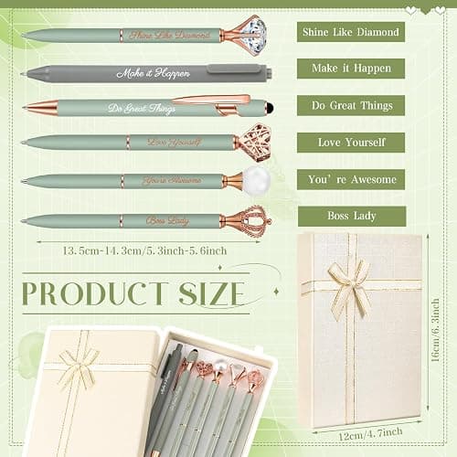 Qeeenar 6 Pcs Fancy Pens for Women Crystal Diamond Pen for Journaling Pretty Glitter Ballpoint with Box Inspirational Gifts for Women Girls College Students Cute Back to School Gifts (Sage Green) thumbnail 2